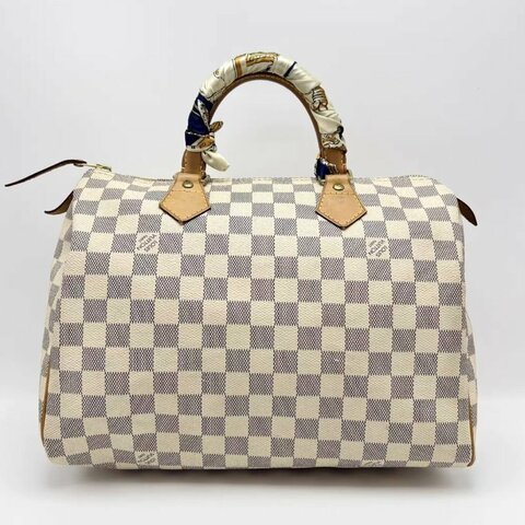 LV speedy30白棋盤格手提包30*20*17 98新配件絲巾塵袋