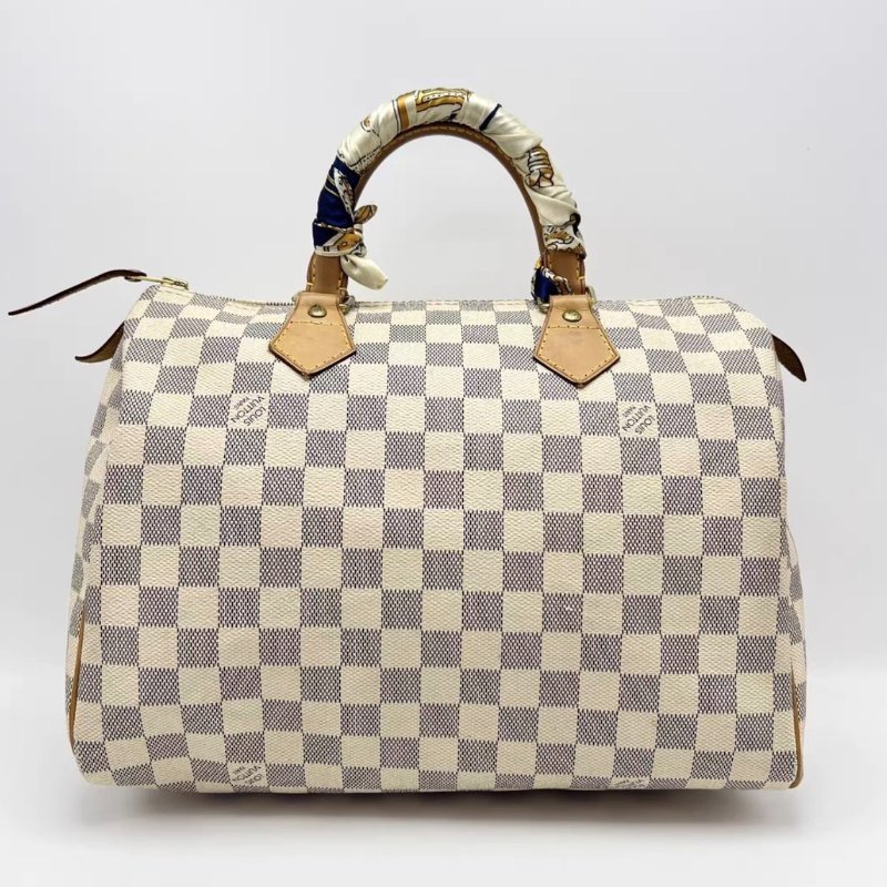 LV speedy30白棋盤格手提包30*20*17 98新配件絲巾塵袋-0