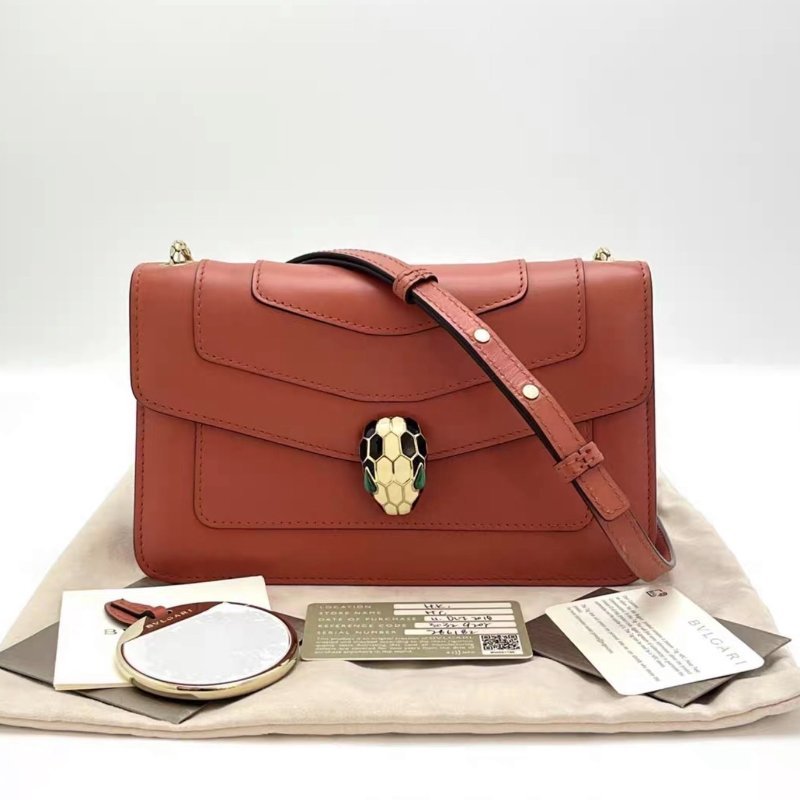 BVLGARI 橘色 Serpenti Forever蛇頭肩背斜背包22*13*5 98新配件塵袋鏡子保卡-0
