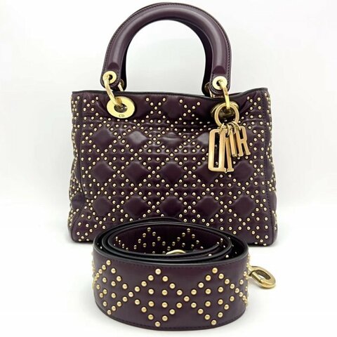 DIOR 酒紅色鉚釘五格黛妃肩背斜背包25*20*12 98新配件塵袋