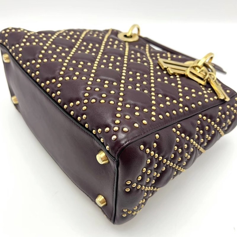 DIOR 酒紅色鉚釘五格黛妃肩背斜背包25*20*12 98新配件塵袋-2