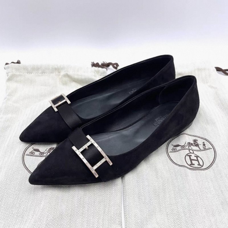 HERMES 黑色H平底鞋37號 98新配件盒子塵袋-1