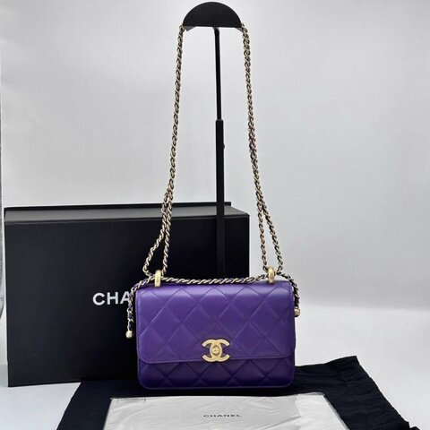 CHANEL 紫色雙金珠19肩背斜背鏈條包19*12*7 全新閒置配件盒子塵袋