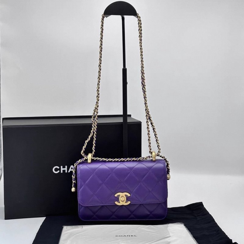 CHANEL 紫色雙金珠19肩背斜背鏈條包19*12*7 全新閒置配件盒子塵袋-0