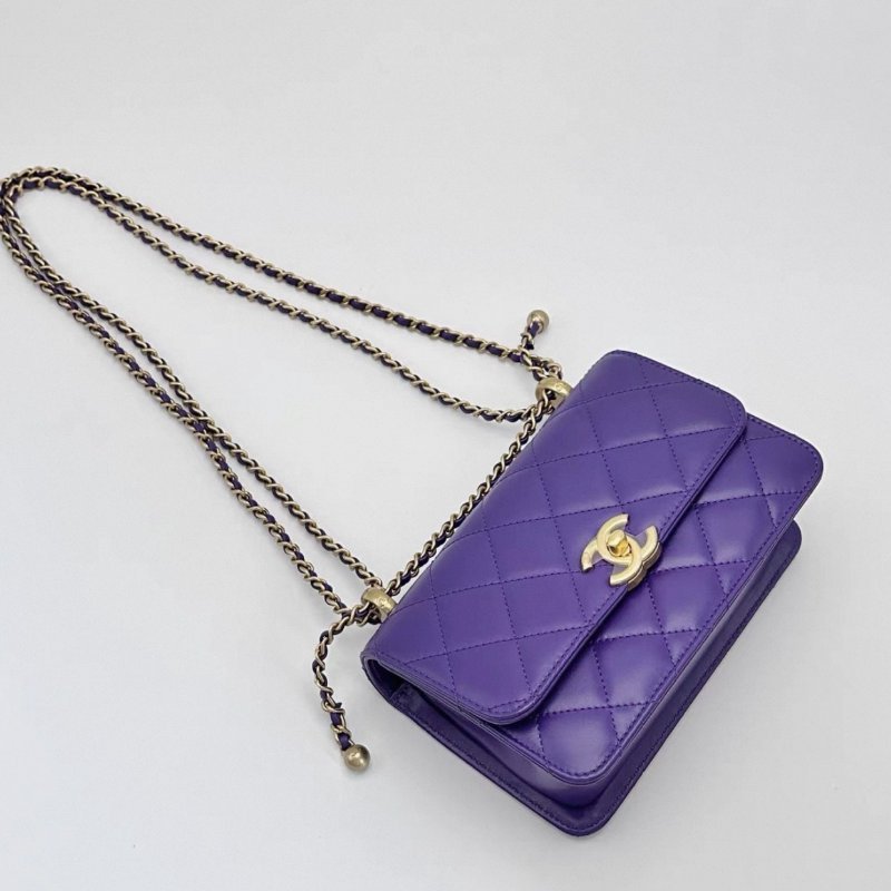CHANEL 紫色雙金珠19肩背斜背鏈條包19*12*7 全新閒置配件盒子塵袋-4