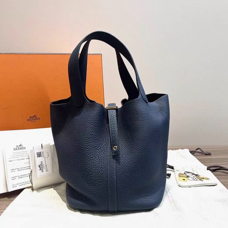 HERMES 午夜藍菜籃子22手提袋 22*22*18 99新 配件盒子塵袋購證吊牌 鎖鑰匙-0