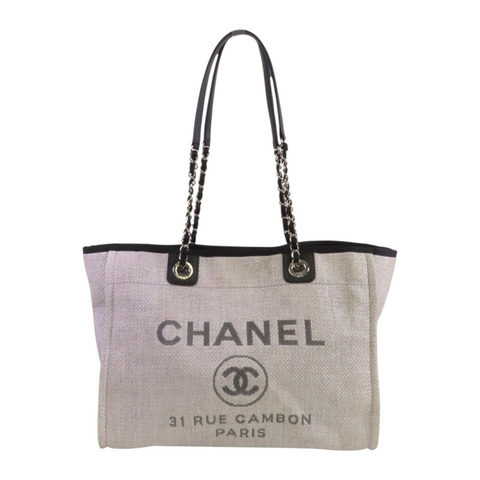 CHANEL 帆布Small Deauville Tote Bag銀扣鏈帶肩背袋