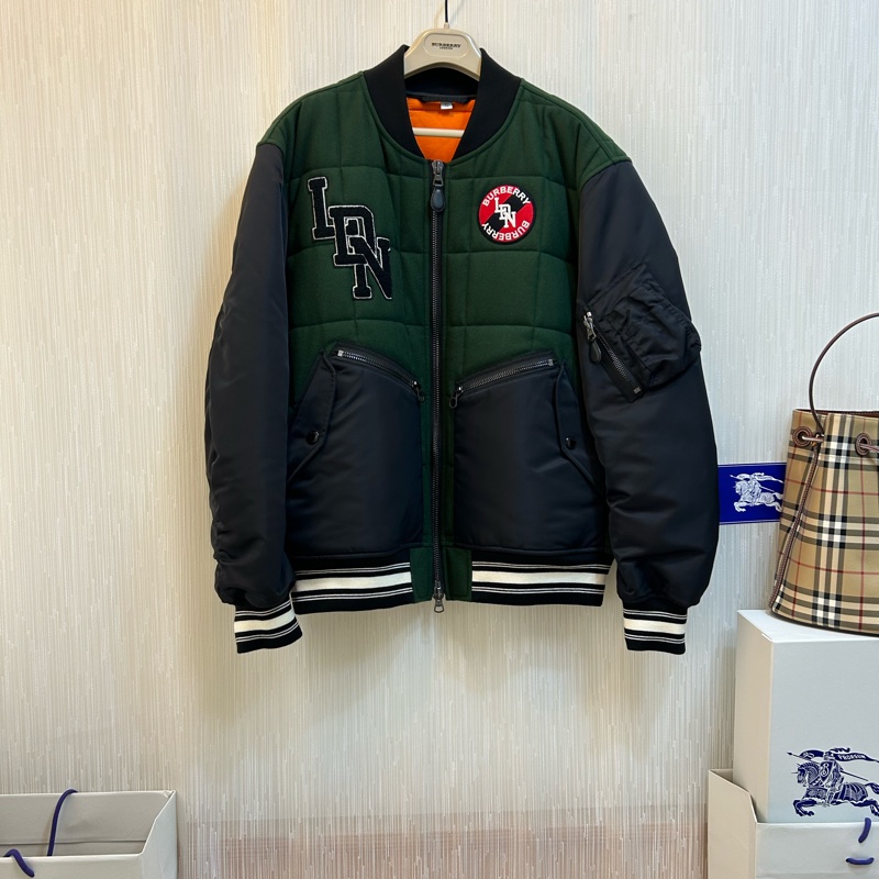 BURBERRY英國男款對比衣袖徽標圖案羊毛飛行夾克/深松柏綠XL-2