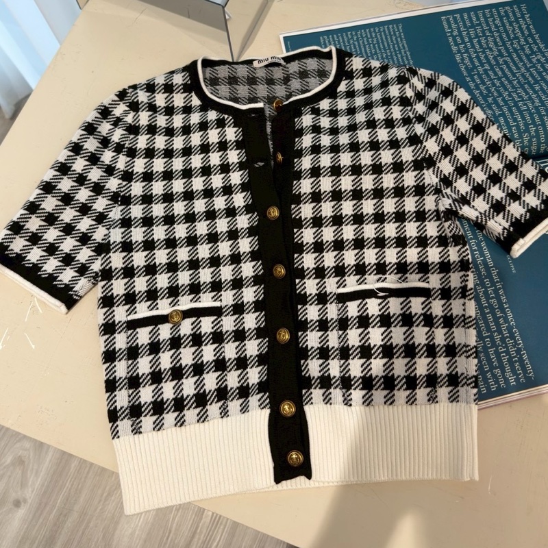 Miu Miu 黑白格小香風短袖針織開衫 36碼-0