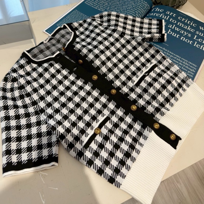 Miu Miu 黑白格小香風短袖針織開衫 36碼-1
