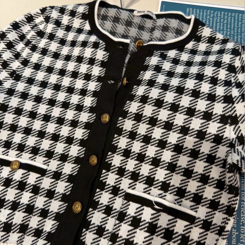 Miu Miu 黑白格小香風短袖針織開衫 36碼-2