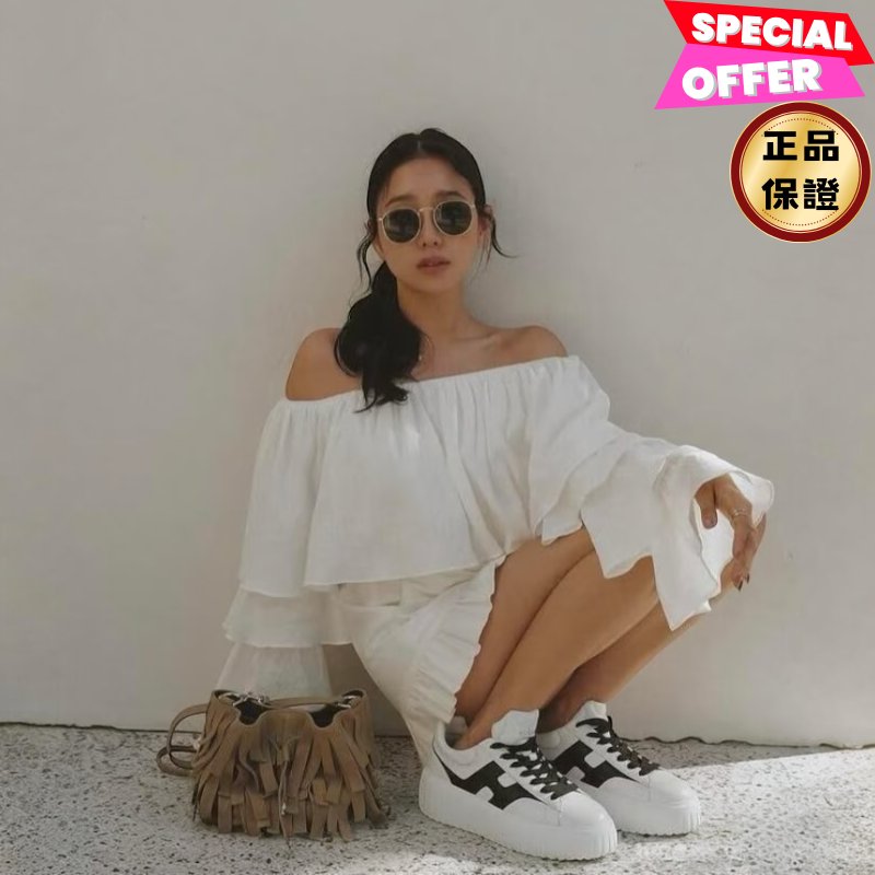 🎉新品好折扣✨Hogan 女款 H-Stripes 光滑皮革6公分厚底餅乾運動鞋 白配黑色 EU35/36/37/38/39-0