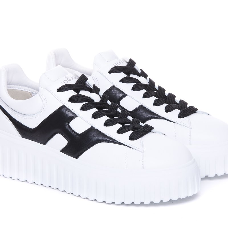 🎉新品好折扣✨Hogan 女款 H-Stripes 光滑皮革6公分厚底餅乾運動鞋 白配黑色 EU35/36/37/38/39-5