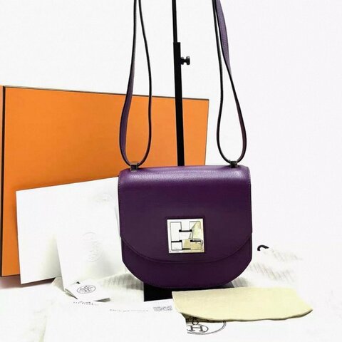 HERMES 海葵紫銀扣馬賽克mini肩背斜背包 99新配件盒子塵袋購證吊牌