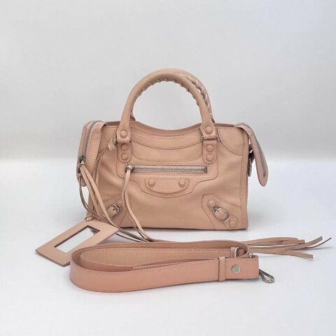 BALENCIAGA 粉銀小號機車手提斜背包24*14.5*8.5 97新配件鏡子塵袋