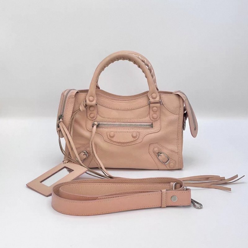 BALENCIAGA 粉銀小號機車手提斜背包24*14.5*8.5 97新配件鏡子塵袋-0