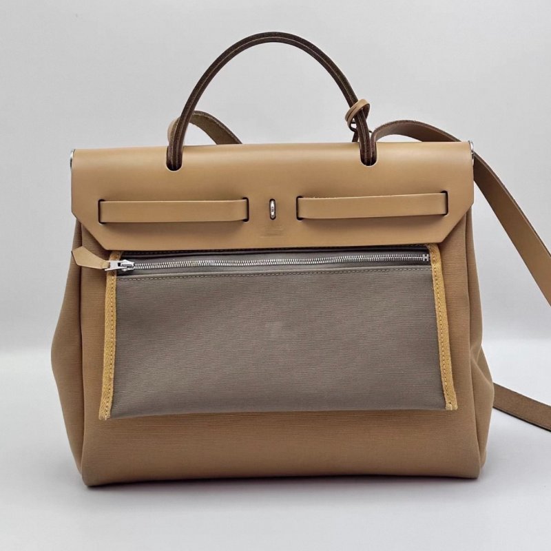 HERMES 帆布拼皮herbag31手提斜背包31*25*11 98新配件塵袋吊牌鎖鑰匙-5
