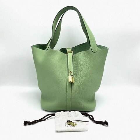 HERMES 酪梨綠菜籃子22手提袋22*22*18 99新配件塵袋鎖鑰匙