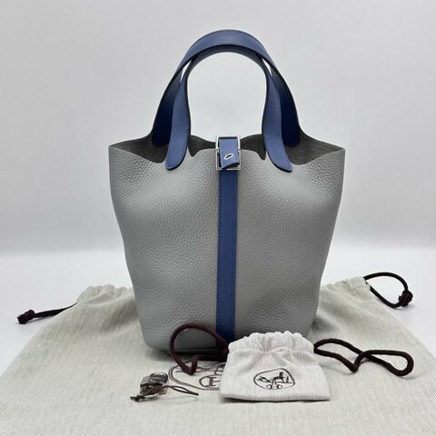 HERMES 海鷗灰拼瑪瑙藍菜籃子18手提袋18*18*13 98新配件塵袋鎖鑰匙