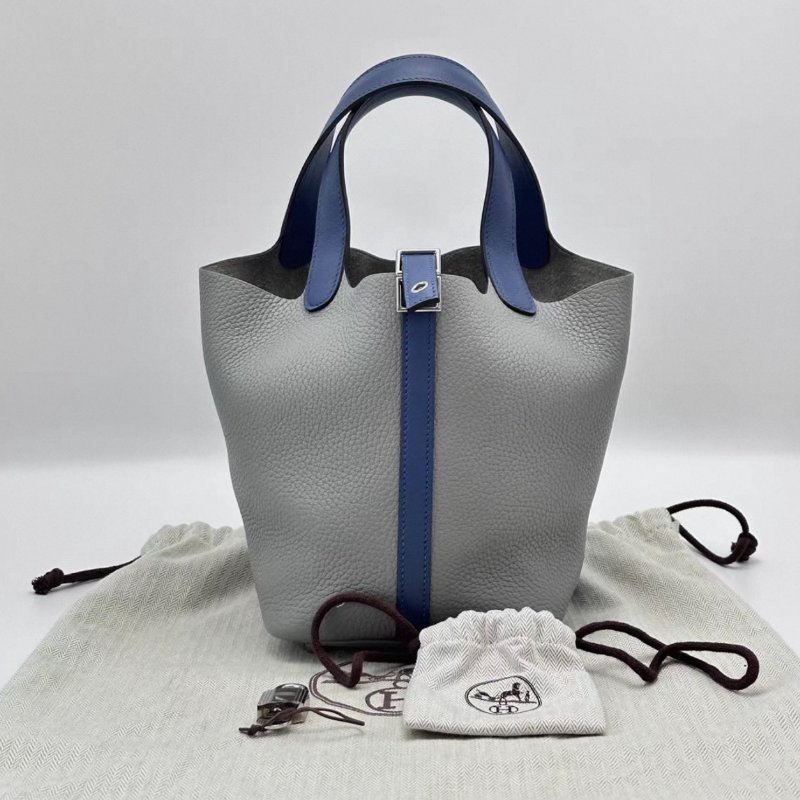 HERMES 海鷗灰拼瑪瑙藍菜籃子18手提袋18*18*13 98新配件塵袋鎖鑰匙-0