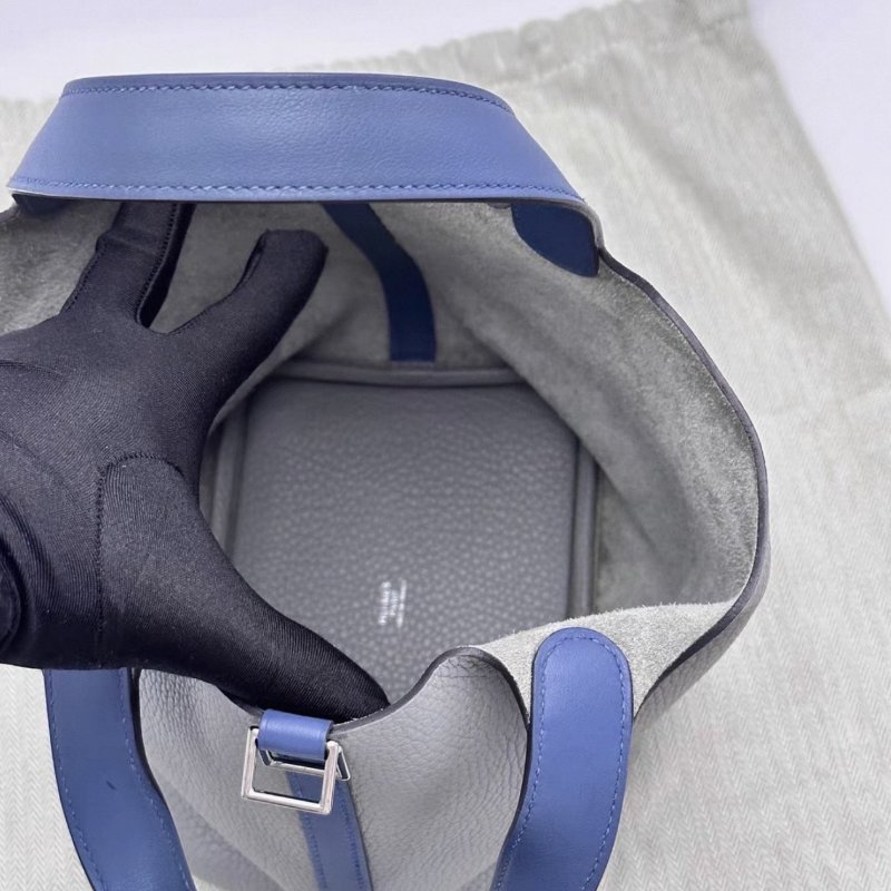 HERMES 海鷗灰拼瑪瑙藍菜籃子18手提袋18*18*13 98新配件塵袋鎖鑰匙-1