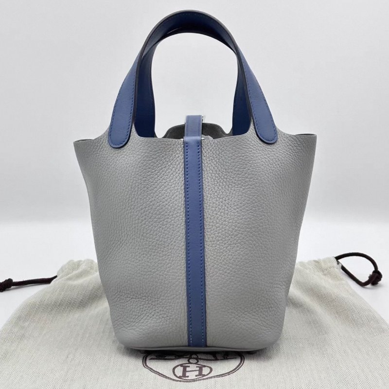 HERMES 海鷗灰拼瑪瑙藍菜籃子18手提袋18*18*13 98新配件塵袋鎖鑰匙-5