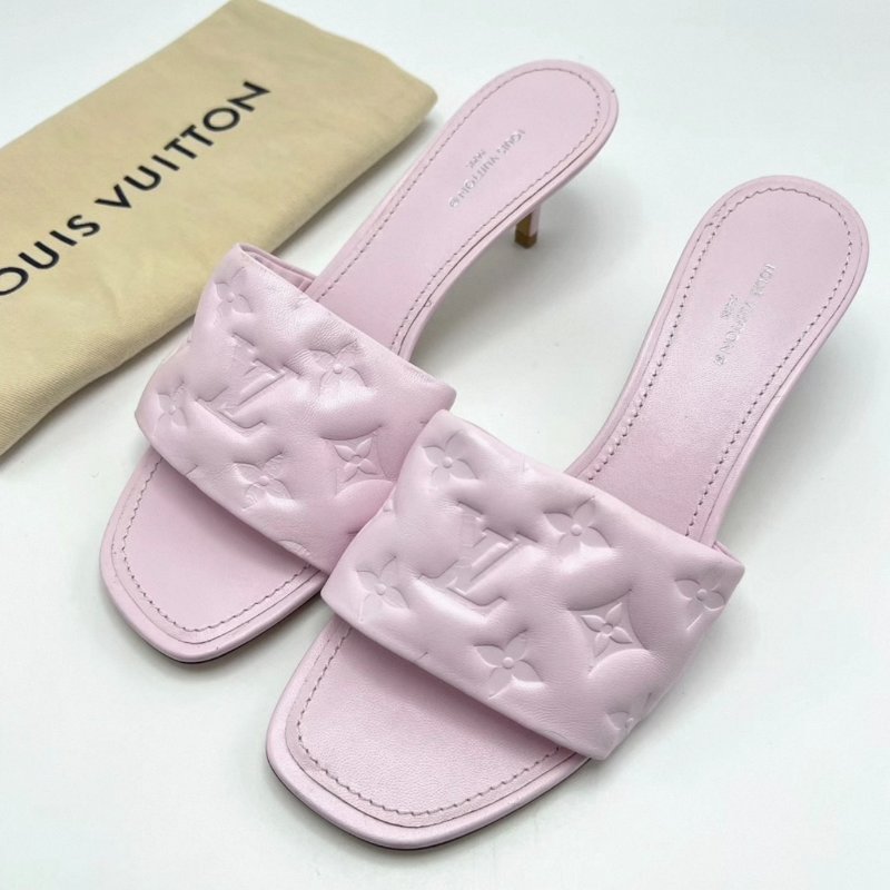 LV 粉色滿印浮雕中跟涼鞋 38號 98新配件塵袋-0