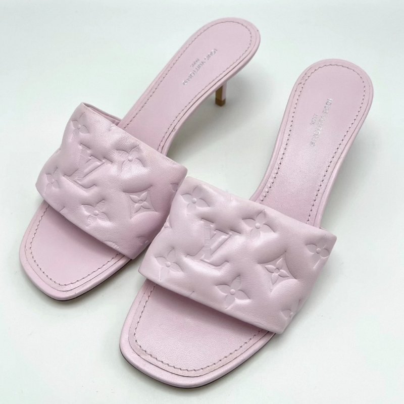 LV 粉色滿印浮雕中跟涼鞋 38號 98新配件塵袋-1