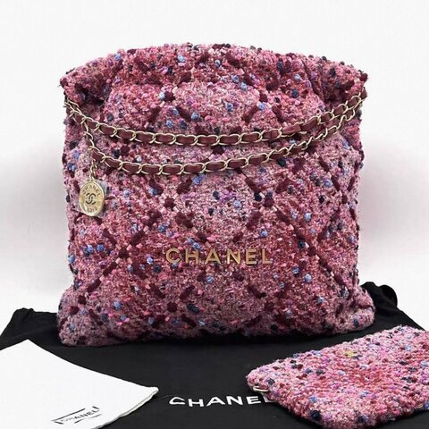 CHANEL 粉色毛呢22bag中號子母肩背包36*36*7.5 98新配件塵袋