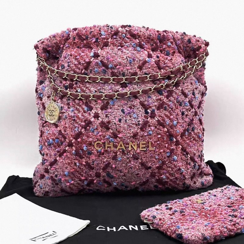 CHANEL 粉色毛呢22bag中號子母肩背包36*36*7.5 98新配件塵袋-0