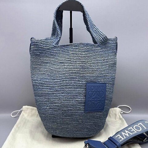 LOEWE Slit藍色拉菲草編織手提水桶包30*30*8 98新配件塵袋