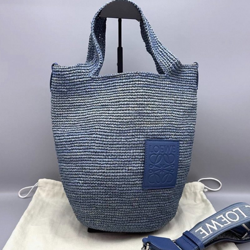 LOEWE Slit藍色拉菲草編織手提水桶包30*30*8 98新配件塵袋-3