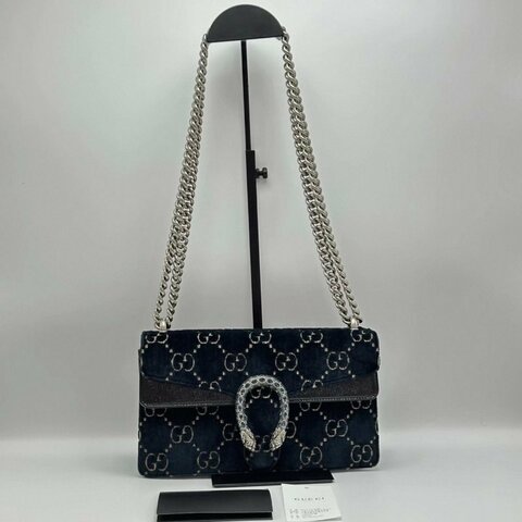 GUCCI 深藍色絲絨鑽扣酒神肩背包25*15*7.5 98新配件塵袋