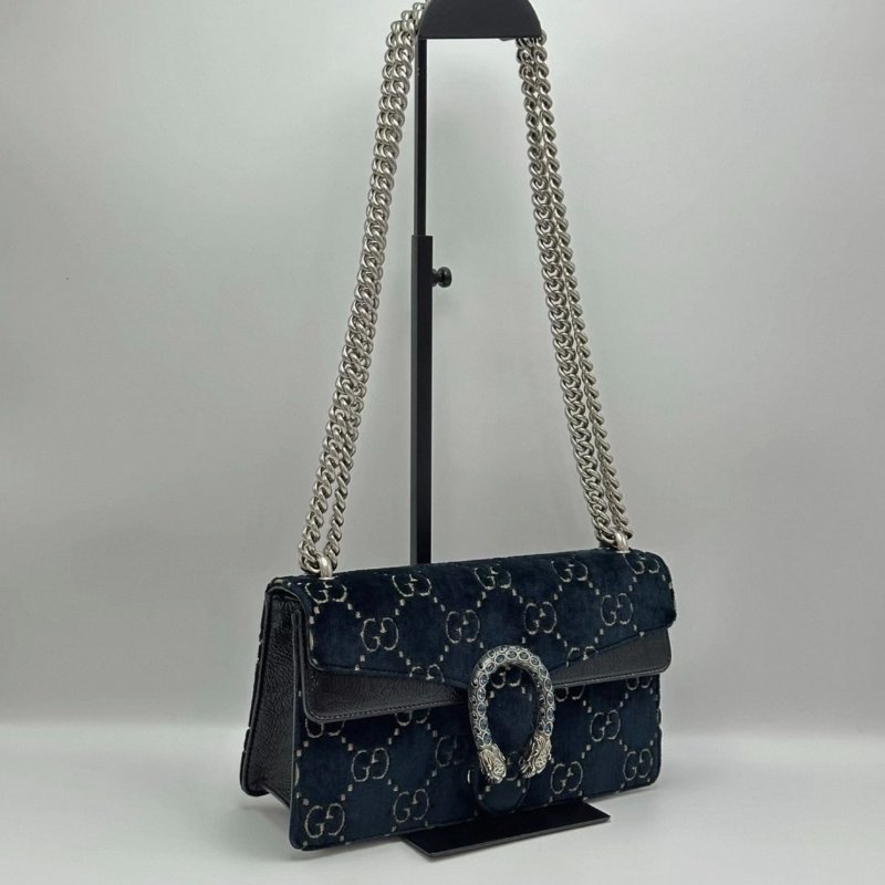 GUCCI 深藍色絲絨鑽扣酒神肩背包25*15*7.5 98新配件塵袋-3