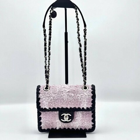 CHANEL 粉色毛呢金扣肩背斜背豆腐包19*14.5*5 99新配件塵袋