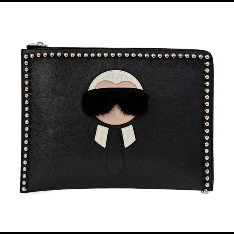 FENDI Karlito 黑色牛皮鉚釘手拿包 銀色五金-0