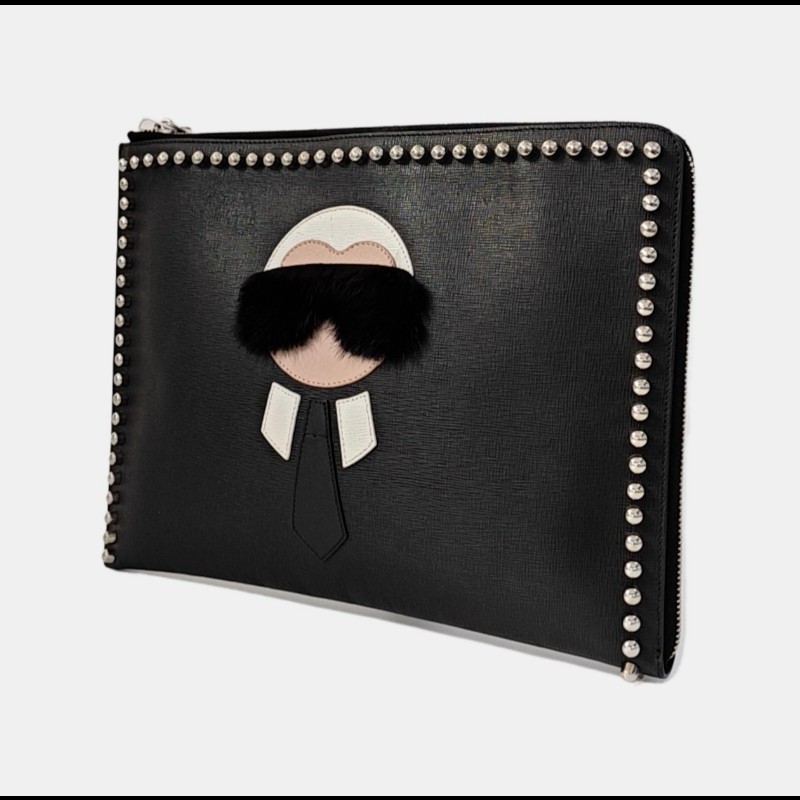 FENDI Karlito 黑色牛皮鉚釘手拿包 銀色五金-2