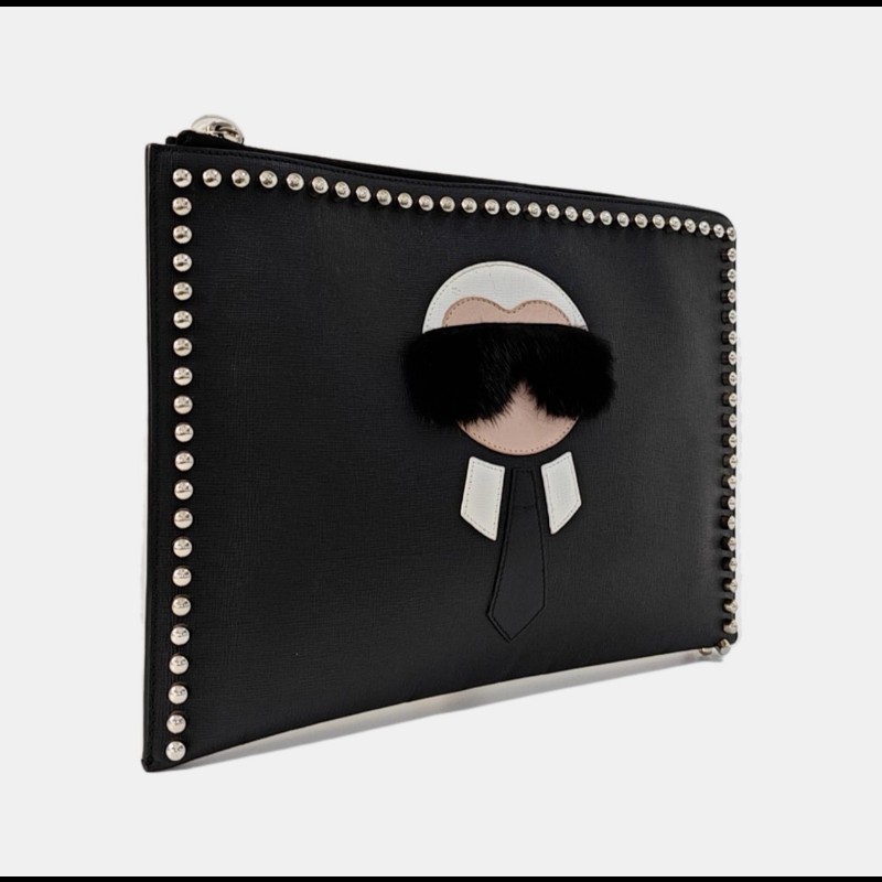 FENDI Karlito 黑色牛皮鉚釘手拿包 銀色五金-3