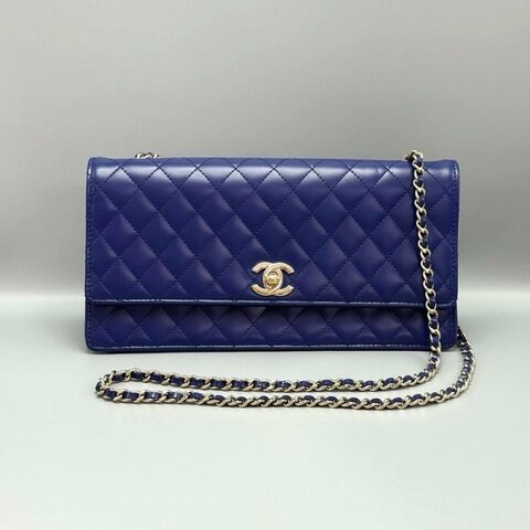 ️CHANEL 藍色金扣漆皮肩背斜背鏈條包25.5*13*8 98新配件塵袋