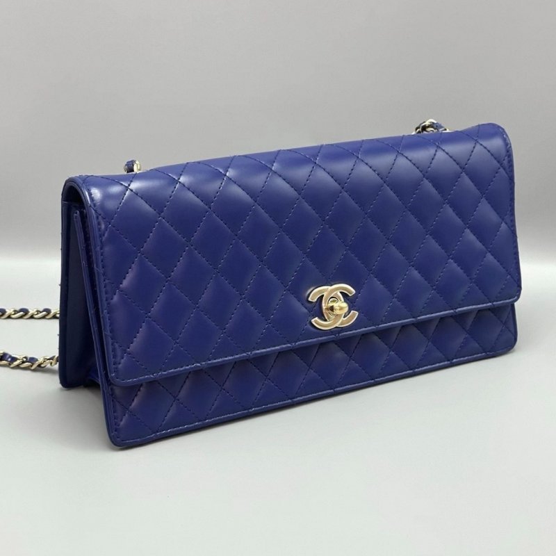 ️CHANEL 藍色金扣漆皮肩背斜背鏈條包25.5*13*8 98新配件塵袋-1