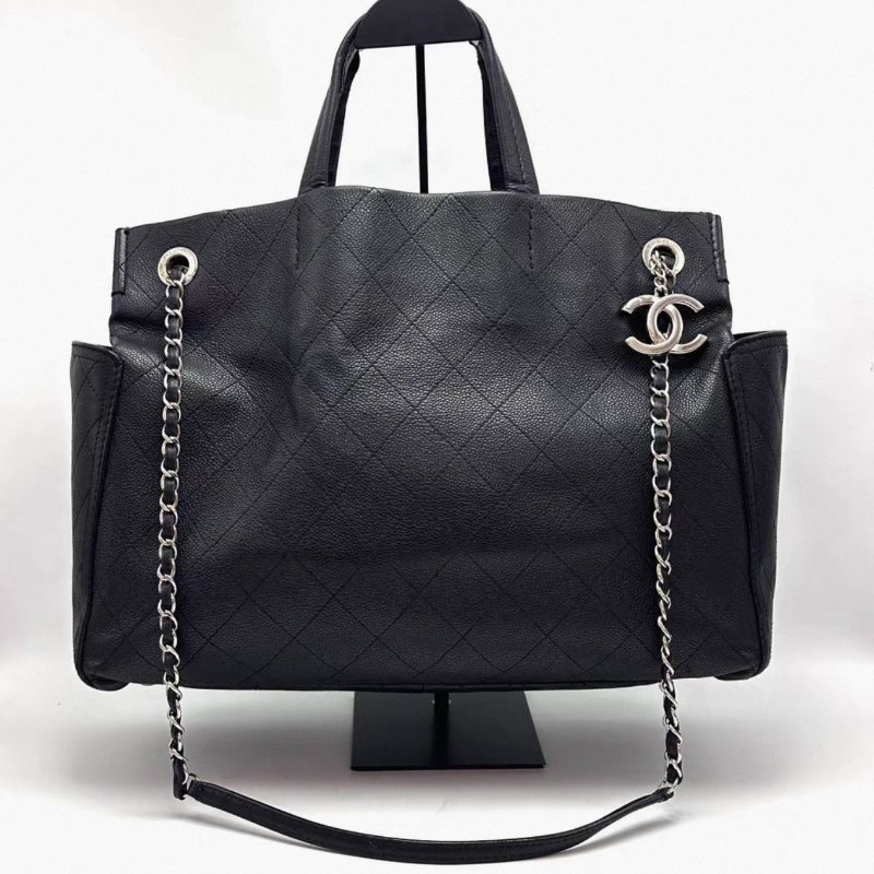 CHANEL 黑銀荔枝皮雙Clogo托特包 40*30*12.5 98新配件塵袋-0