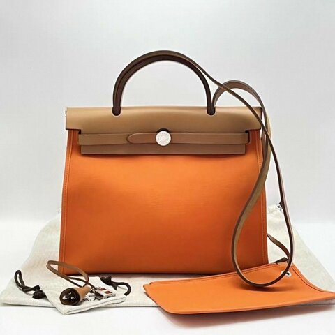 HERMES 橘色銀扣herbag31子母手提肩背包31*24*11 99新配件塵袋鑰匙鎖