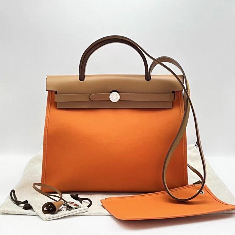 HERMES 橘色銀扣herbag31子母手提肩背包31*24*11 99新配件塵袋鑰匙鎖-0