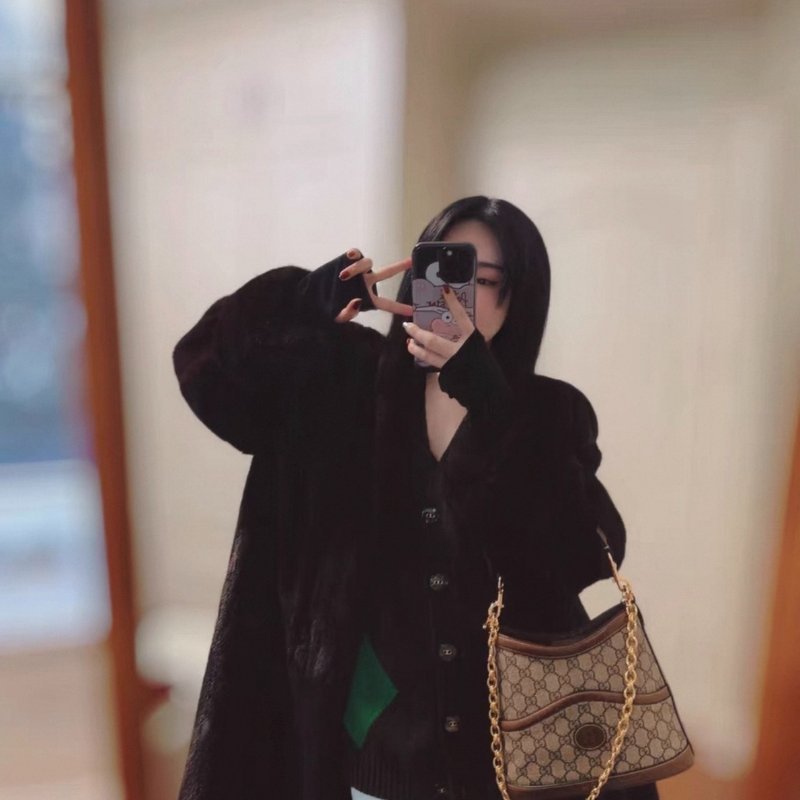 Gucci 老花拼皮棕色水桶包 24*22 99新配件塵袋-0