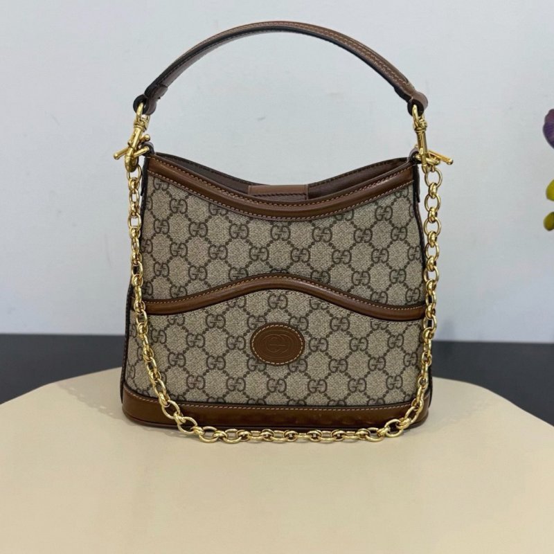 Gucci 老花拼皮棕色水桶包 24*22 99新配件塵袋-1