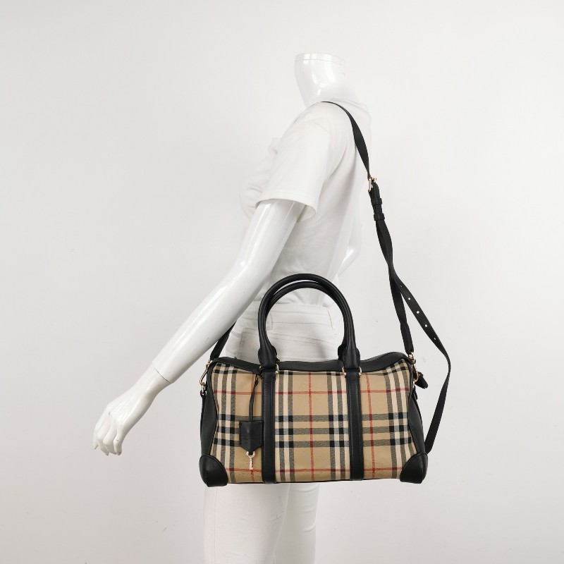 Burberry 牛皮尼龍布拼色格紋拉鍊 手提包肩背包-1