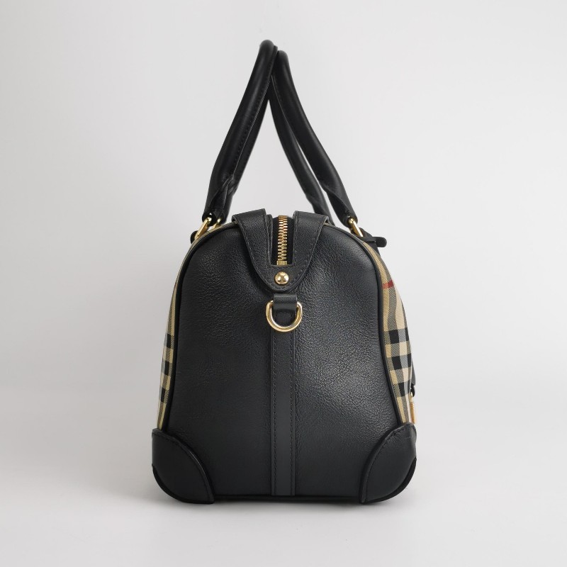 Burberry 牛皮尼龍布拼色格紋拉鍊 手提包肩背包-3