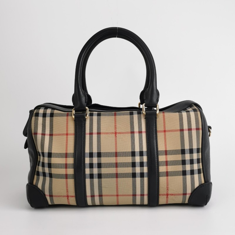 Burberry 牛皮尼龍布拼色格紋拉鍊 手提包肩背包-4