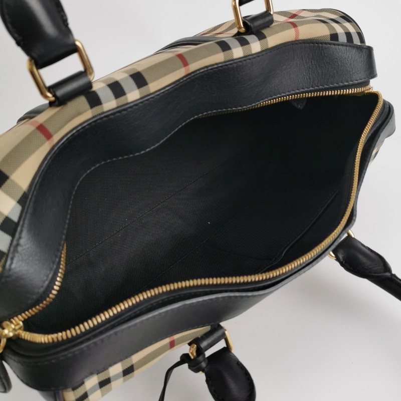 Burberry 牛皮尼龍布拼色格紋拉鍊 手提包肩背包-6