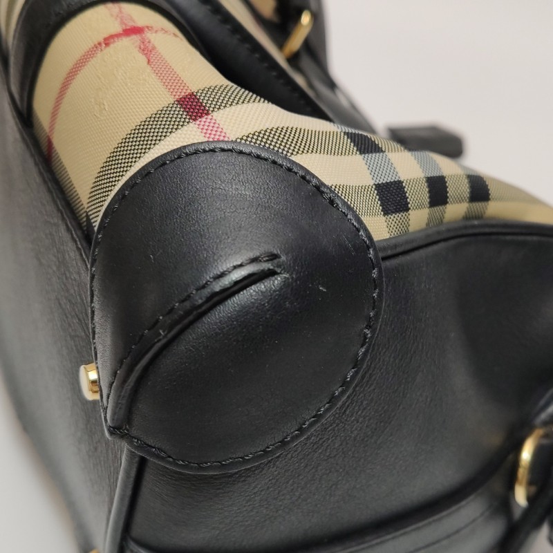 Burberry 牛皮尼龍布拼色格紋拉鍊 手提包肩背包-11